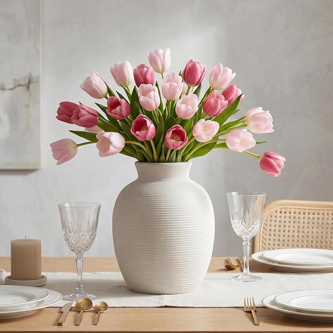 White Ceramic Vase for Flowers, 8in Waterproof Pottery Ceramic Vases | Flower Terracotta Vases for Farmhouse Table Centerpieces, Home Decor, Living Room