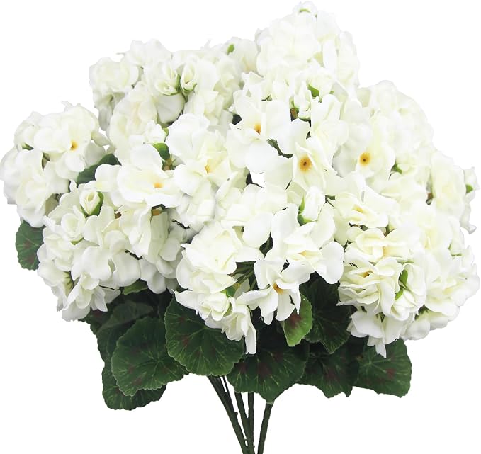 CISDUEO 4 Pcs Artificial Geraniums for Outdoors Silk Flowers Outside White | Faux Flowers Geraniums for Outdoor Planter Floral Home Decor Indoor Garden Patio Grave Cemetary Vase Table Centerpiece