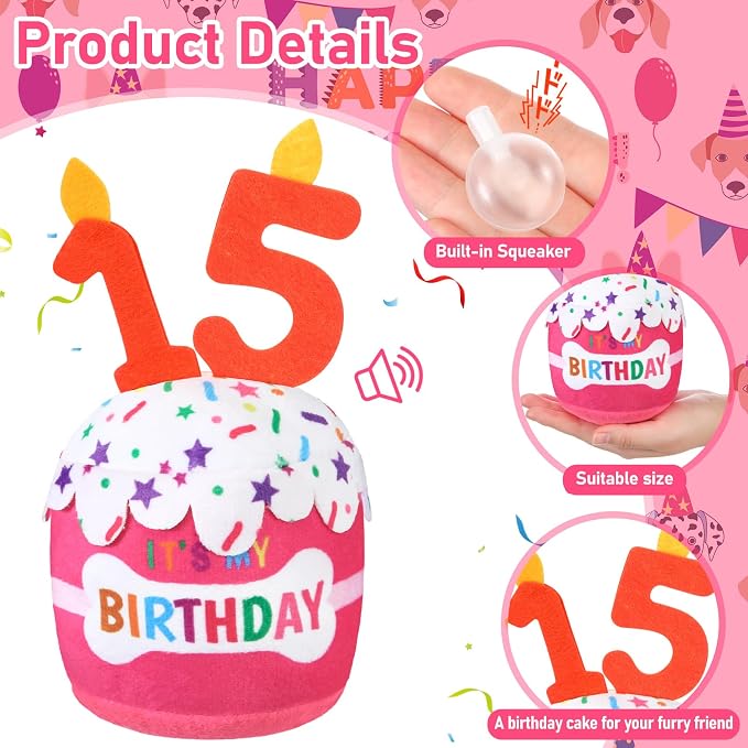 Dansydaisy Dog Birthday Cake Toy Squeaky Plush Gift,15th,Pink