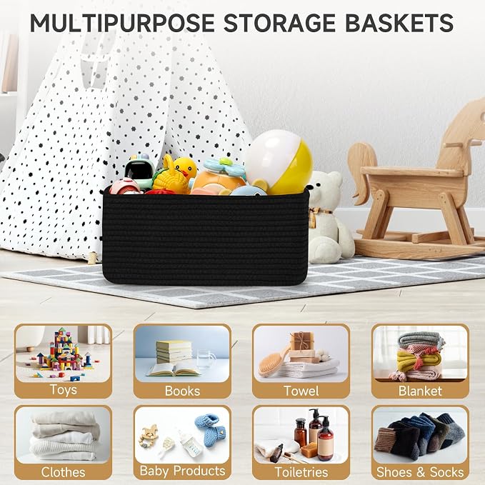 3 Pack Small Storage Baskets for Organizing, 11.8×7.8×5.1", Black | Woven Baskets for shelves, Cotton Rope Basket for Gifts Empty, Closet Organizer Bins with Handles, Cube Decorative Box