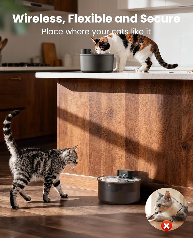 oneisall 108oz/3.2L Cordless Cat Water Fountain for Cats & Small Dogs | Ultra Quiet,Stainless Steel Tray,Rechargeable 45-day Battery,3 Flow Modes(Motion sensor),5-layer Filter,Display Indicator