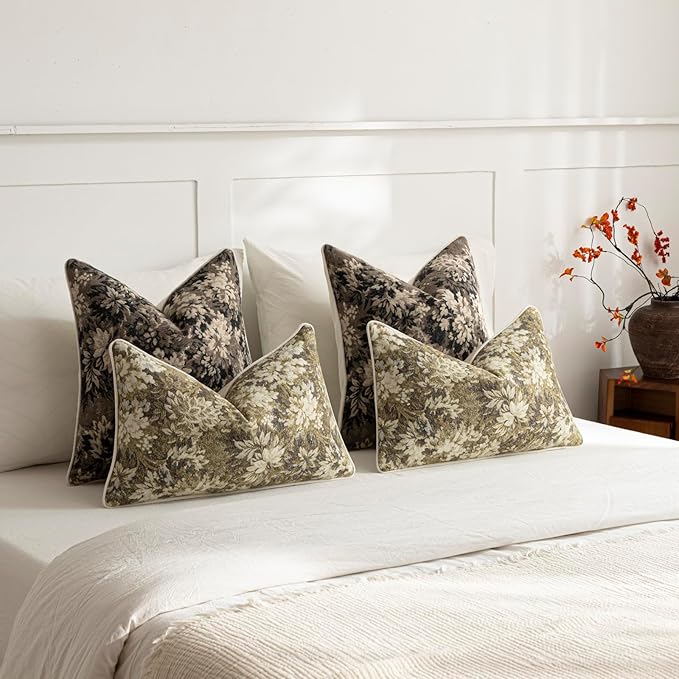 Pack of 2 Vintage Floral Throw Pillow Covers 16x16 Boho Farmhouse Accents Chenille Square Decorative Pillow Cases for Living Room Couch Bed Home Decor, Taupe