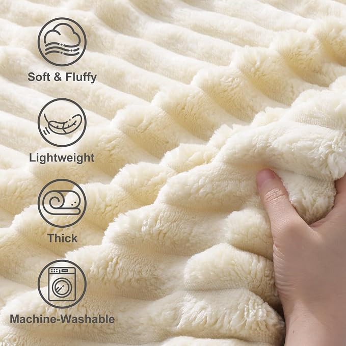 decorUhome Beige Fleece Twin Blanket 60x80 Inches | Soft Couch Cozy Fluffy Plush Flannel Striped Blanket for Sofa Bed, Lightweight Decorative Ribbed Fuzzy Blanket for Woman