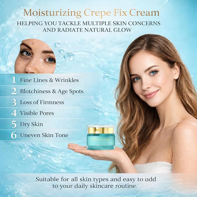 Moisturizing Crepe Fix Cream - Tightens and Firms Face, Neck & Body, Anti Wrinkles for Crepey and Sagging Skin,Non-Greasy Formula with Hyaluronic Acid & Collagen - 1.75 oz