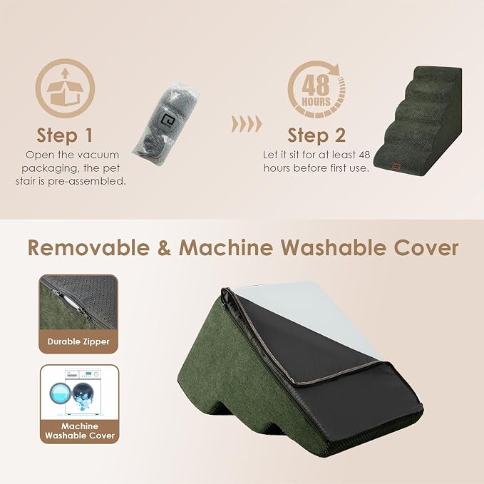 EHEYCIGA Curved Dog Stairs Ramp, 5-Step High Beds, 22.6" H Pet Step | 33D density of pure foam, for Small Dogs and Cats, Pet Stairs for High Bed Climbing, Non-Slip Balanced Indoor, Military Green