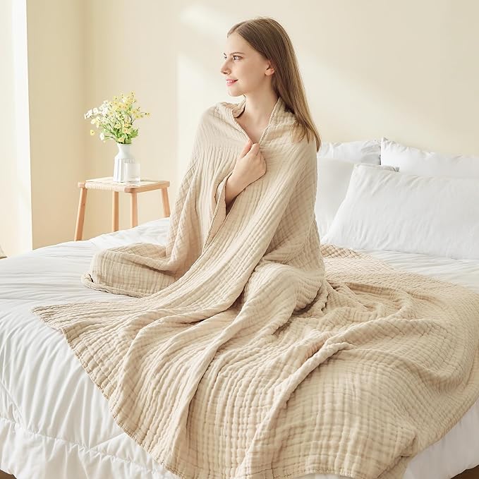 EMME Cotton Muslin Throw Blanket 4 Layer for Adults, Lightweight Breathable Gauze Blanket, Soft All Season Couch Blanket for Couch Bed Travel (Beige, 50"x60")