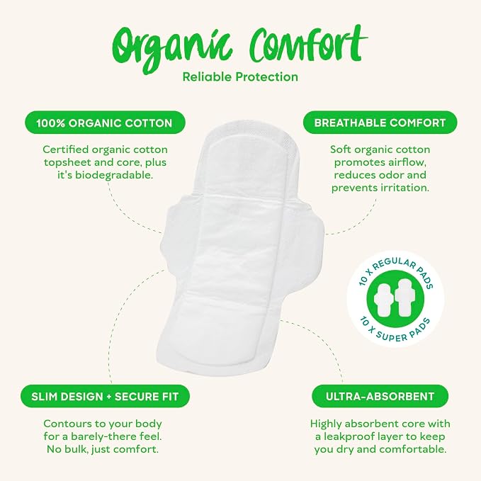 Oi | Organic Initiative - Ultra-Thin Pads with Wings | 100% Certified Organic Cotton, Unscented | Leak Free, Biodegradable | Non-GMO, Toxin Free (Regular/Super, 20, Count)