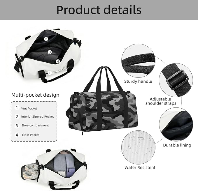 Fiokroo Sports Gym Bag Camouflage Grey Travel Duffel Bag For Men Women With Shoe Compartment Water Resistant Gym Bag Carry On Duffel Bag For Weekend Traveling Yoga Gym Sports