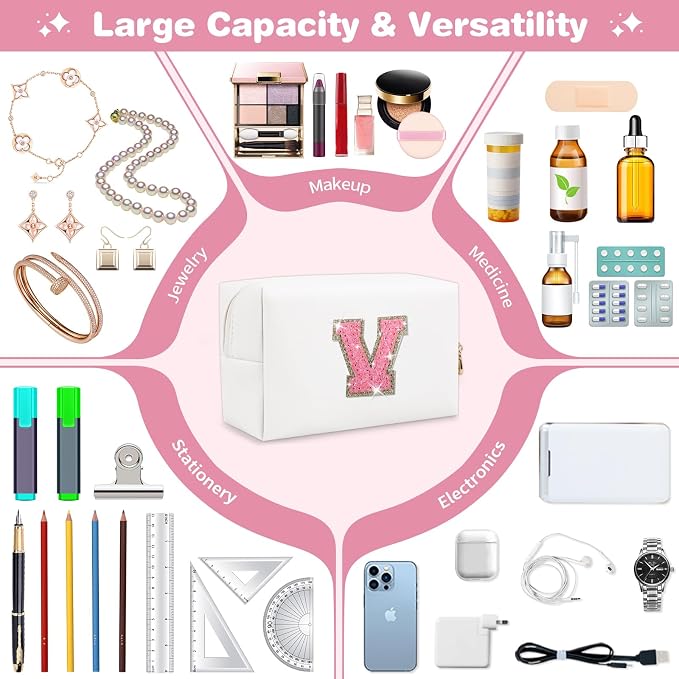 Small Initial Patch Makeup Bag Personalized Gifts Make Up Bag,White Cute PU Leather Glitter Letter Cosmetic Bag with Zipper,Trendy Portable Travel Toiletry Pouch,Preppy Stuff for Teen Girls Women V