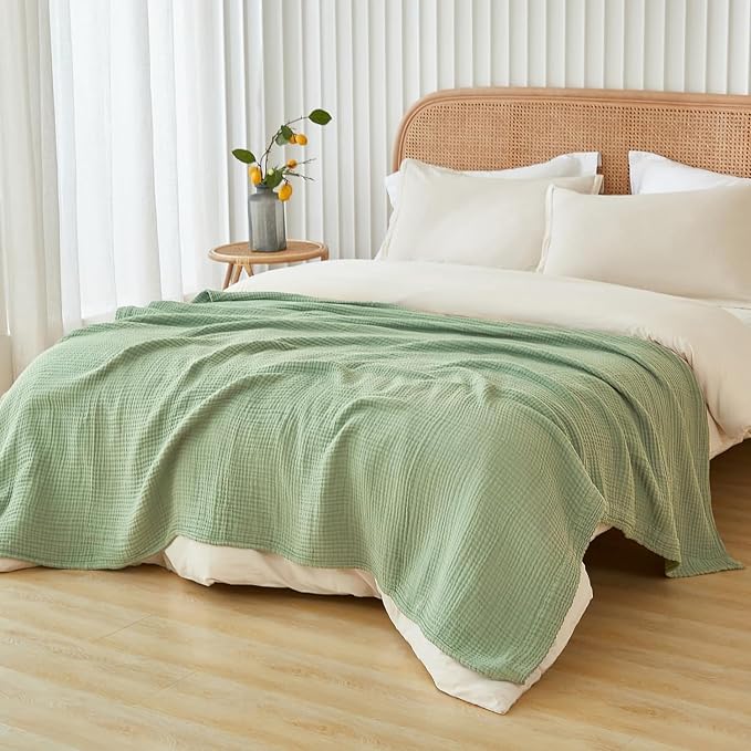 EMME Muslin Blankets for Adults Throw Blanket for Couch Breathable Gauze Soft Lightweight Airy Sage Green Queen 90" x 90"