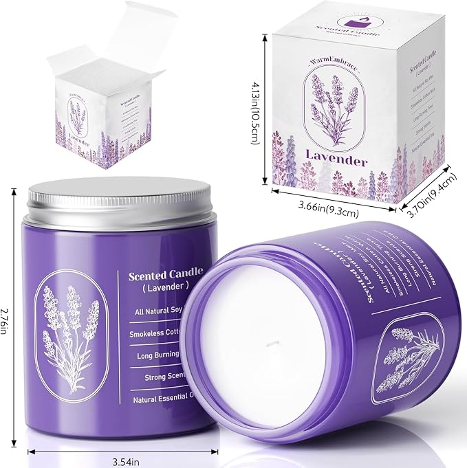 WarmEmbrace Lavender Jar Candles, 7.6 oz Purple Jar Candle, Natural Soy for Women, 80 Hour Long-Lasting Burn Scented for Birthday Home Scented - 2 Pack