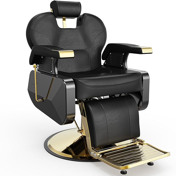 OmySalon All Purpose Hydraulic Barber Chair Recline 360 Degree Swivel Height Adjustable Heavy Duty Hairdresser Chair Beauty Salon Spa Tattoo Styling Barbershop Equipment Gold & Black