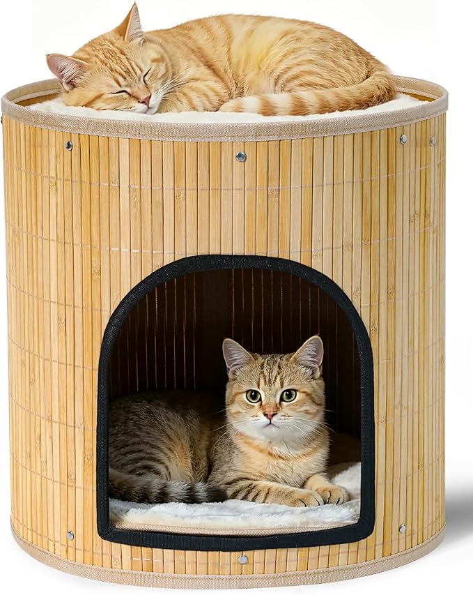 SYANDLVY Large Cat House, Kitten Condo with Bed for Indoor Cats, Portable ﻿ | 2-Tier Foldable Natural Bamboo Cave with Double-Sided Cushion, 15.5"x15.7" Washable Kitten Hideout