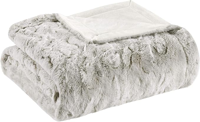 Madison Park Zuri Faux Fur Reversible Throw Blanket, 50 x 60, Snow Leopard | Oversized Soft Plush, Luxury, Animal Stripes, Mink Reverse, Modern, All Season, for Bed Sofa Couch, OEKO-TEX Certified