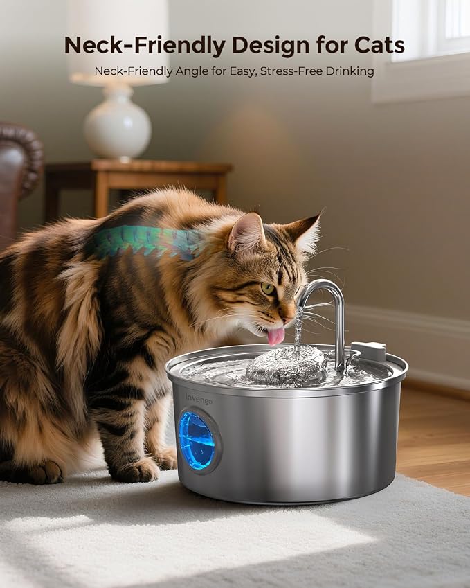 Invengo Cat Water Fountain Stainless Steel, 108oz/3.2L Pet Fountain with Large Water Level Window, Ultra Quiet Automatic Cat Water Dispenser for Cats and Dogs, 2 Flow Modes, Splash-Proof Design