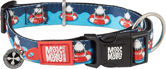 Max & Molly Urban Pets Smart ID Dog Collar - Soft Neoprene, Waterproof, Machine Washable, Power Buckle, Gotcha! QR Tag & Custom App Profile, Sharks, Large