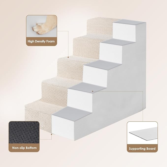 EHEYCIGA Dog Stairs for High Bed 22.5" H, 5-Step Dog Steps, Beige | Pet Steps for Small Dogs and Cats for Bed, Non-Slip Balanced Pet Ramp Indoor