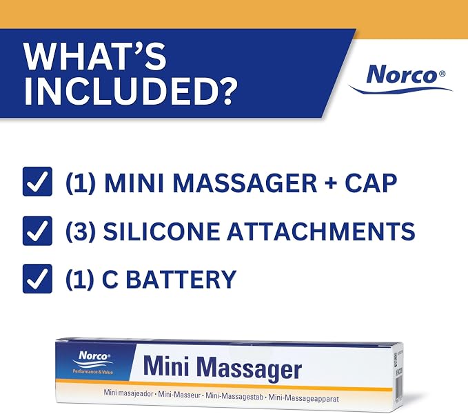 Norco Mini Massager – Portable Massage Gun for Scar Tissue Break Up, Massage, Hand, Finger, and Muscle Relief with 3 Silicone Attachments | NC70209