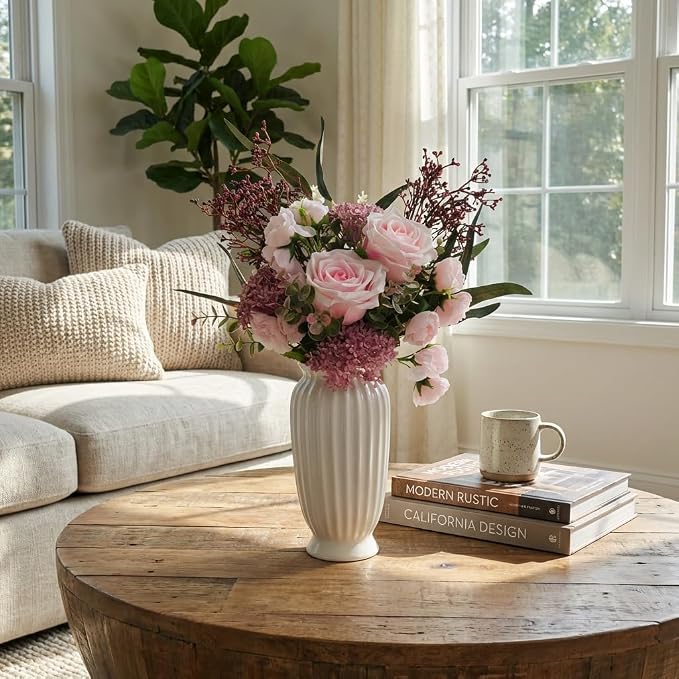 White Ceramic Vase, 9.1 Inch Water Safe Vase for Fresh Flowers, Farmhouse Home Decor Table Centerpieces for Living Room Cabinet Wedding (Rustro 9'')