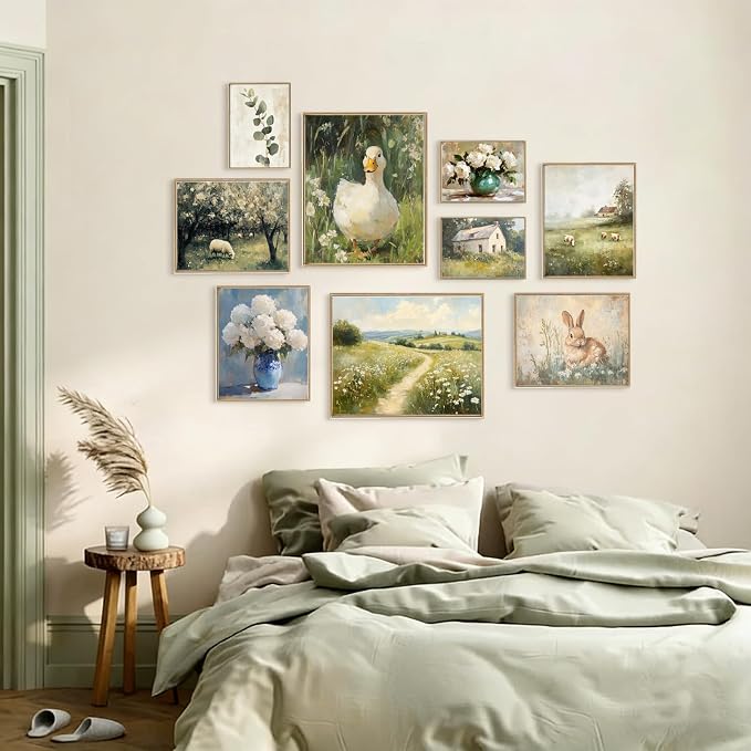 KBKBART 9pcs French Decor For Home - Country French Wall Art Posters, Easter Bunny Goose Pictures,Vintage Art Gallery Wall Prints Landscape Painting For Bedroom Decor(Unframed)