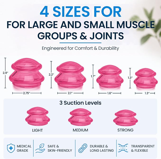 Silicone Cupping Therapy Set Professional Massage Cupping Cups for Cupping Therapy 4 Cup Kit for Massage, Myofascial Release, Cellulite Reduction (Lure Pink)