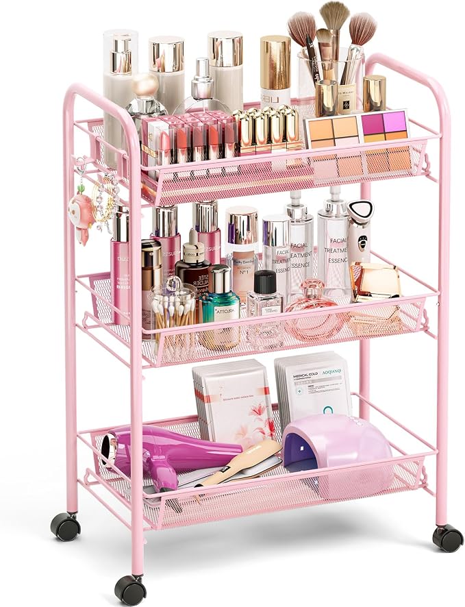 TOOLF 3 Tier Rolling Cart, Metal Utility Storage Cart with Wheels, Pink | 3 Hooks, Screwless Assembly, Trolley Organizer for Bathroom, Kitchen, Office, Nursery, Dorm, Laundry Room