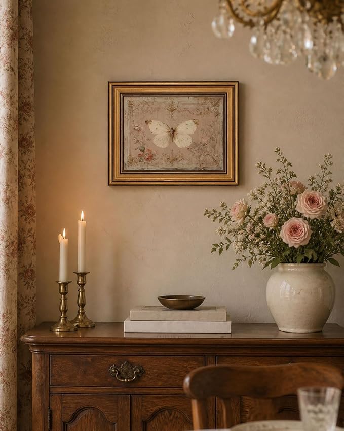 Gold Framed Wall Art, Vintage White Butterfly Canvas Prints, French Country Antique Insect Picture Wall Decor, Neutral Pink Cottagecore Artwork for Living Room Bedroom 12x16 inch