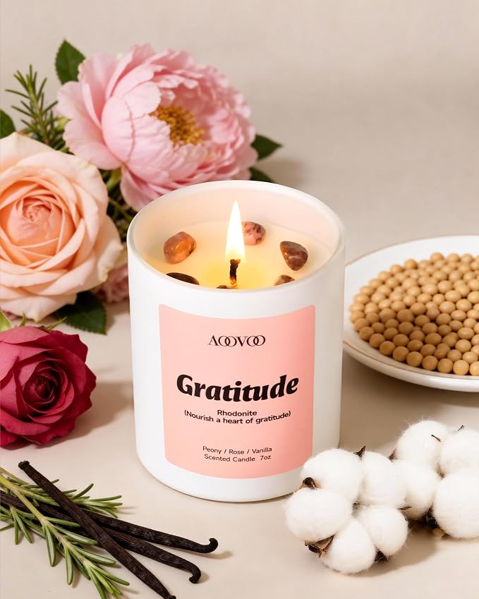 AOOVOO Healing Candles Set for Women - 4 Pack Candles for Home Scented, Aromatherapy Candle with Crystals, Gratitude Rhodonite/Appreciation Clear Quartz/Blessing Aventurine/Love Rose Quartz