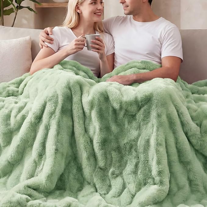 ORINOVA Sage Green Twin Size Blanket for Bed, 60x80 Ultra Soft Faux Rabbit Fur, Fuzzy Fluffy Plush Bubble Texture, Cozy Warm Reversible Throw for Couch, Bedroom Dorm Decor, Gifts for Women
