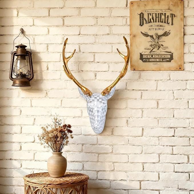 GIGICICI Mosaic Deer Head Wall Decor 15.7x8.7 Inch, Artistic Faux Resin Animal Head Wall Sculpture Hanging for Living Room Bedroom Kitchen Office, White-Silver Gift