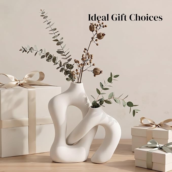 Dowan White Vases for Decor,Hollow Ceramic Vase Set of 2,8.3" Nordic Modern Boho ins Style Decorative Ceramic Aesthetic Flower Vase for Home Decor Modern Minimalist Table, Entryway Centerpieces