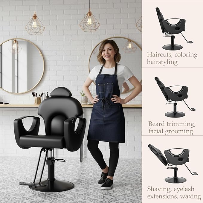Black Salon Chair for Hair Stylist, Professional Barber Chairs Barbershop Hair Stylist Chair w/Heavy Duty Hydraulic Pump, 360° Braiding Styling Hairdresser Chairs for Spa Home Euipment, Matte Black