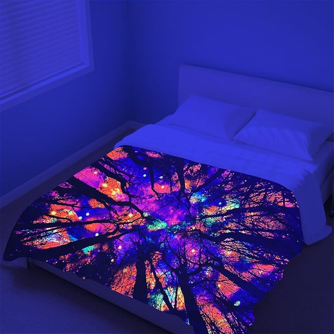Blacklight Galaxy Forest Throw Blankets UV Reactive Night Sky Throw Blanket Glow in the Dark Under Black Lights Game Room Decor Soft Throw Gifts 59x51 Inches