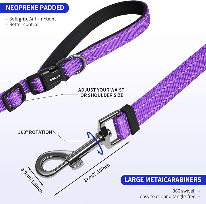 Kazazoo Hands-Free Dog Leash Adjustable Length 5-8 Ft,Waist & Crossbody Leash for Walking with Small Dogs Bichon Frisé & Teddy Reflective Strips, Ballistic Nylon, Waist Belt, Lightweight Purple