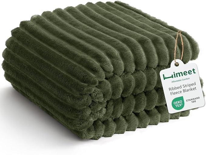 HIMEET Olive Green Twin Blanket for Bed, 300GSM Ribbed Fleece, 60 x 80 in | Ultra Soft Flannel, All-Season Lightweight Warmth, Bed Layering Pick & Dorm Essential, Gift for Men & Women, Machine Washable