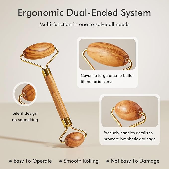 CHOSIN Face Roller Massage Tool, Facial Roller Tool for Lymphatic Drainage - Wrinkles, Lifting & Puffy Eyes for Women Men Self Care Gift (Olive Wood)