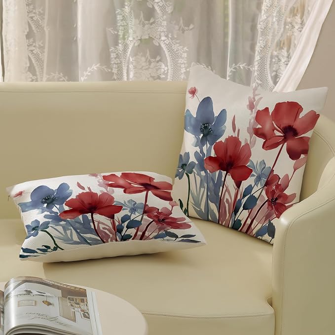 Floral Pillow Covers 16x16 Inches Set of 2 Independence Day Blue Red Floral Throw Pillow Covers Outdoor Rustic Spring Summer Flower Pillowcase Farmhouse Decorative Cushion Cover for Home Sofa