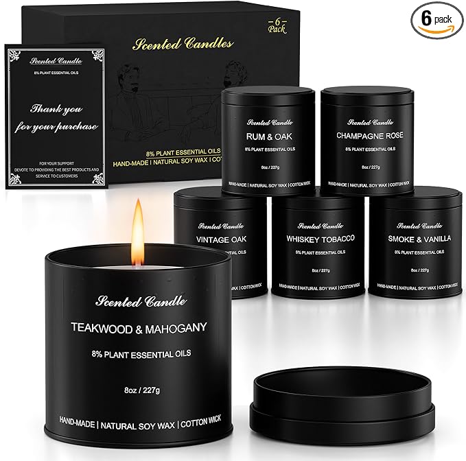 Scented Candles for Men - 6 Pack Masculine Scented Candles Set, 8oz Natural Soy Wax Candles with Essential Oils, Long Lasting Aromatherapy Candle Gift of Father, Husband, Men
