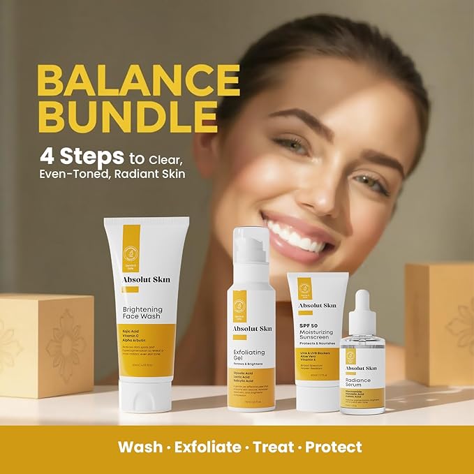 AbsolutSkin Balance Bundle – 4-Step Skincare Routine for Radiant, Even Skin – Includes Face Wash, Exfoliator Gel, Radiance Serum & SPF50 Sunscreen – Brightening Essentials Kit