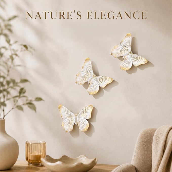 GUSFREUD 3D Butterfly Wall Decor Set – Resin Wall Decor for Living Room, Bedroom, Bathroom, Dining Room, Outdoor and Gallery Walls - Ivory Gold - Set of 3