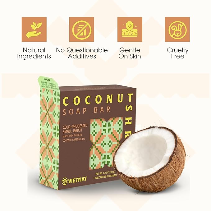 Cold-Process Natural 2-in-1 Soap Bar (4.2 oz) with Coconut Shreds | Light Exfoliation & Creamy Lather Body Bar | Cold-Processed, Handmade in Vietnam (Pack of 1)