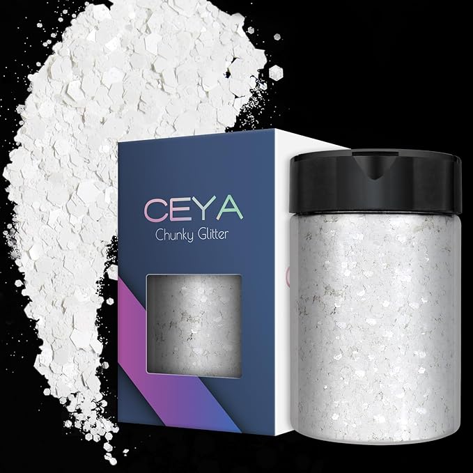 Ceya Chunky Glitter, 4.9oz/ 140g Pearl White Craft Christmas Glitter Powder Mixed Fine Flakes Iridescent Nail Sequins for Nail Art, Hair, Epoxy Resin, Tumblers, Slime, Painting, Festival Decor