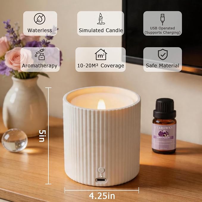 NO-Battery 2 in 1 LED Candle Waterless Diffuser and 3D Wick and Realistic Flame Candle,Flameless Candle Diffuser,Waterless Essential Oil Diffuser with 12PCS Cotton Pads(Only Connect USB Line Use)