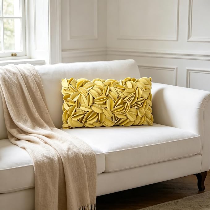 KINGROSE Soft Velvet 3D Flower Throw Pillow Cover, Yellow, 12 x 20 Inches | Luxury Pillowcase, Decorative Cushion Case, For Bed Living Room Sofa Home