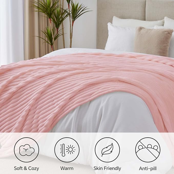 BEDELITE King Size Blanket for Bed, 300GSM Soft & Warm Fleece Blanket, Decorative and Giftable Striped Pink Blankets for Women, Men, 108"x90"