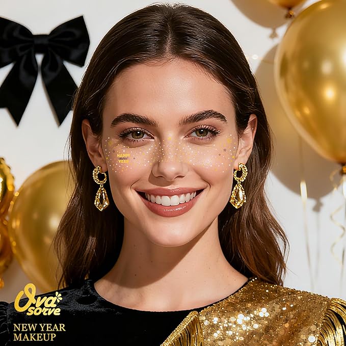 Happy New Year Freckles Face Tattoo - Glittering Stars & Fireworks in Metallic Gold & Silver | Waterproof Facial Gems for NYE Makeup, Festival Celebration & New Years Eve Party Supplies 2026