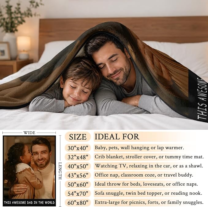 Fathers Day Birthday Gift for Dad Custom Blanket with 1 Photo & Text, Personalized Blankets with Picture to My Dad, HD Printing Customized Flannel Throw Blanket Gifts for Best Daddy Grandpa Ever
