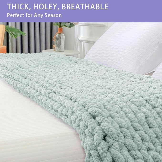 Bigacogo Chunky Knit Throw Blanket for Couch, 51x63 inches, Mint | Hand Knit with Jumbo Chenille, Soft Breathable Cable Knit for Sofa Bed Living Room, Machine Washable, Gift for Mom Friend