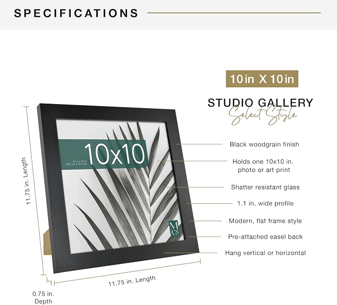 MCS Studio Gallery 10x10 Picture Frame Black Woodgrain Engineered Wood, Wall Hanging & Easel for Tapletop Display, Square Photo Frame for Photos, Posters & Art Prints (1-Pack)