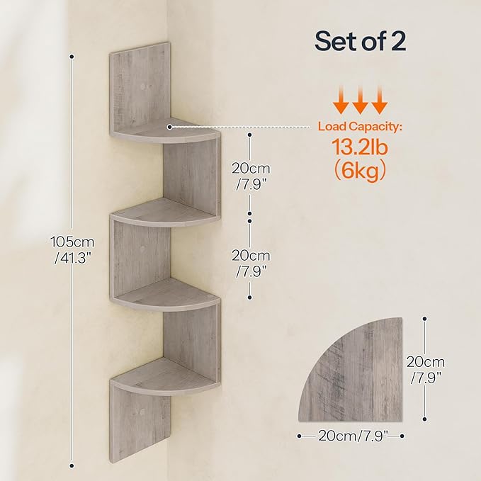 HOOBRO Corner Shelf Wall-Mounted, Set of 2 Floating Corner Shelves for Wall, 4-Tier Corner Bookshelves for Wall Decor in Living Room, Bedroom, Bathroom, Home Office, Greige BG25BJP201